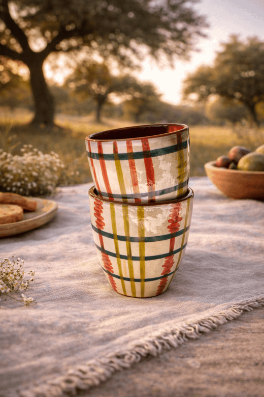 Juego de dos vasos de cerámica pintados a mano